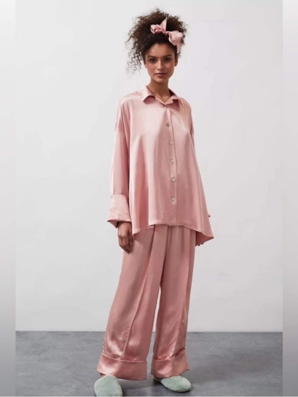 NWT SLEEPER Blush Pink Satin Pajama Set Long Sleeve Pants One Size $380
